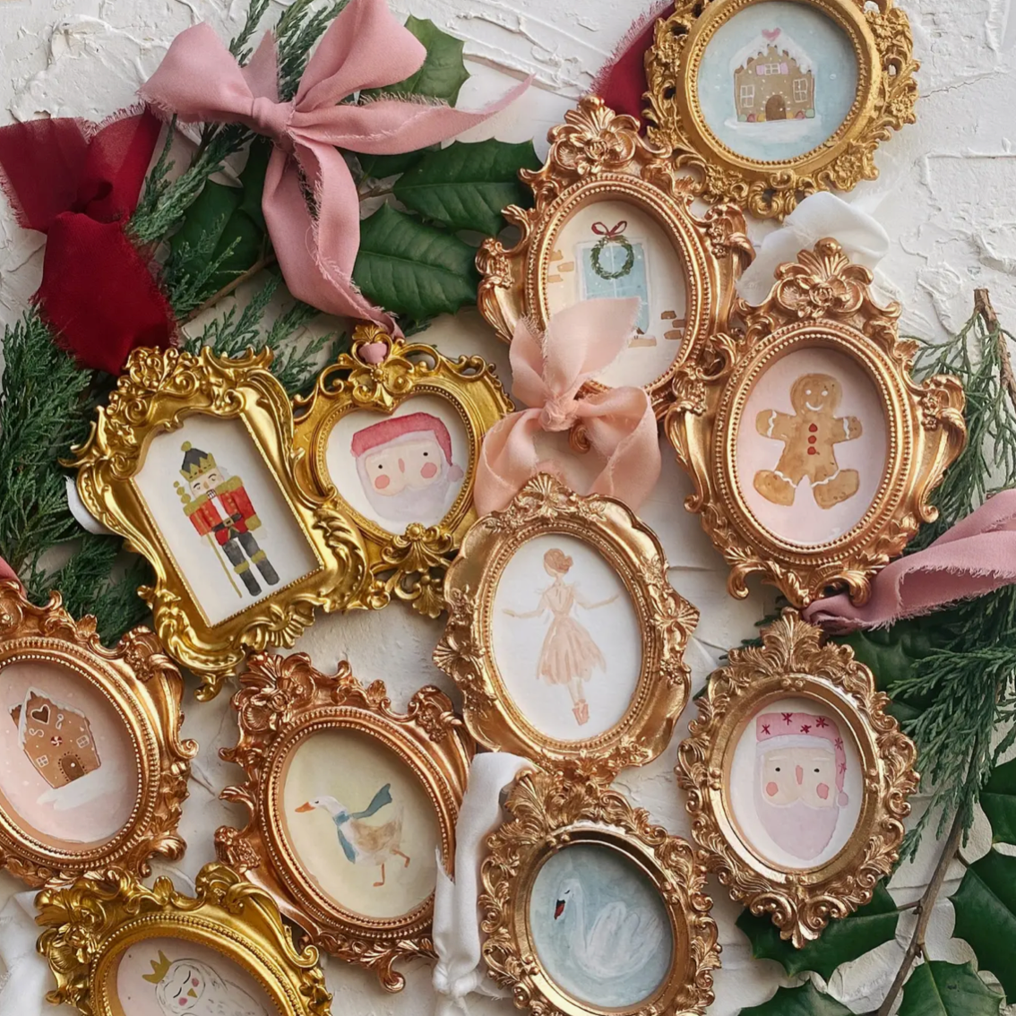 The Canton Christmas Shop Gold Framed Ribbon Painting Vintage Style Christmas Ornaments ballerina gingerbread man house santa solder nutcracker swan duck owl
