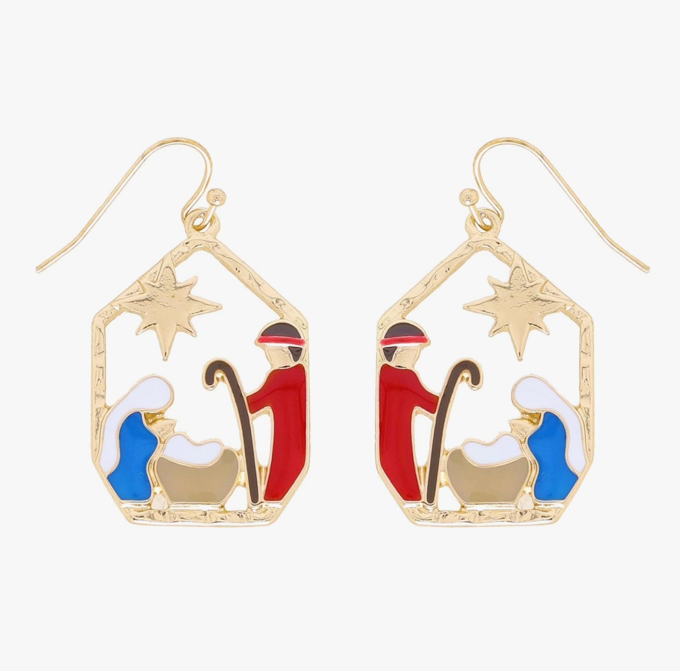 Christmas Cheer All Year Gold Enameled Nativity Scene Christmas earrings