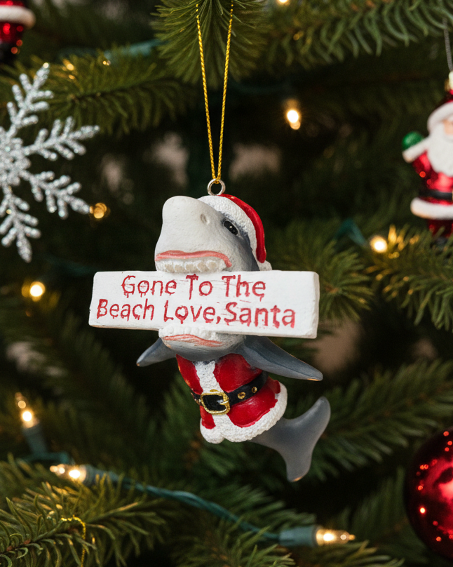 Christmas Cheer All Year resin ornament shaped like a shark wearing a Santa hat and holding a sign that reads 'Gone To The Beach Love, Santa', hanging on a decorated Christmas tree with other ornaments.