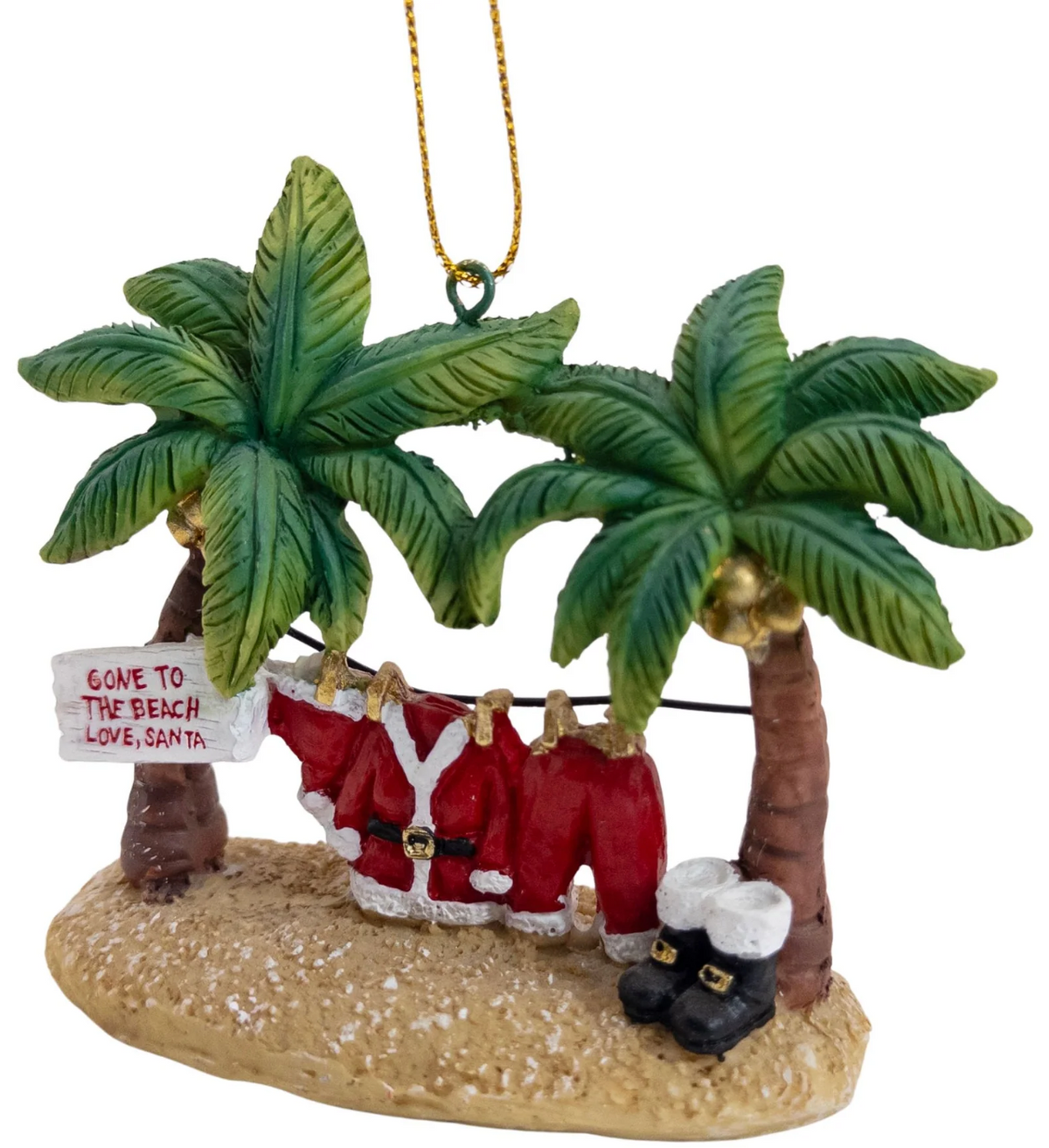 A Christmas ornament with tropical beach two green palm trees, a sandy base, a 'gone to the beach, love, Santa' sign, and Santa's suit hanging on a line.