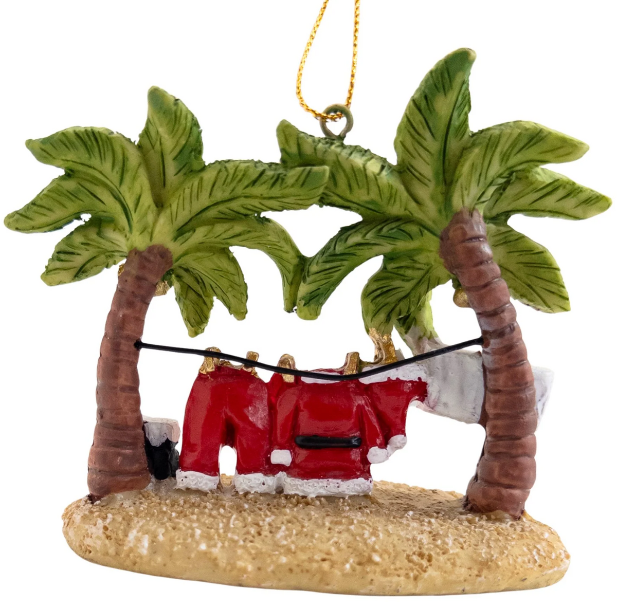 A Christmas ornament with tropical beach two green palm trees, a sandy base, a 'gone to the beach, love, Santa' sign, and Santa's suit hanging on a line.