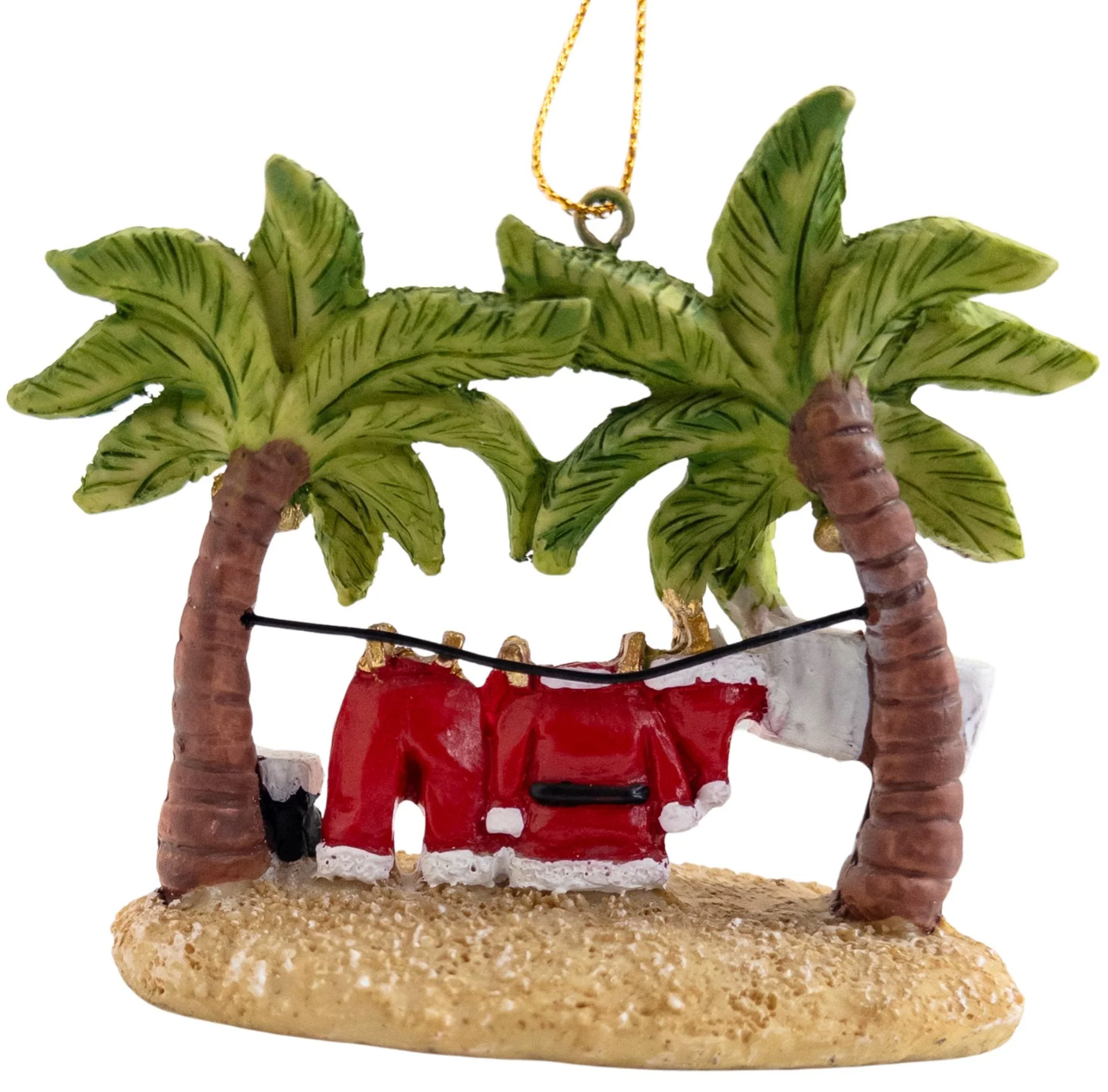 A Christmas ornament with tropical beach two green palm trees, a sandy base, a 'gone to the beach, love, Santa' sign, and Santa's suit hanging on a line.