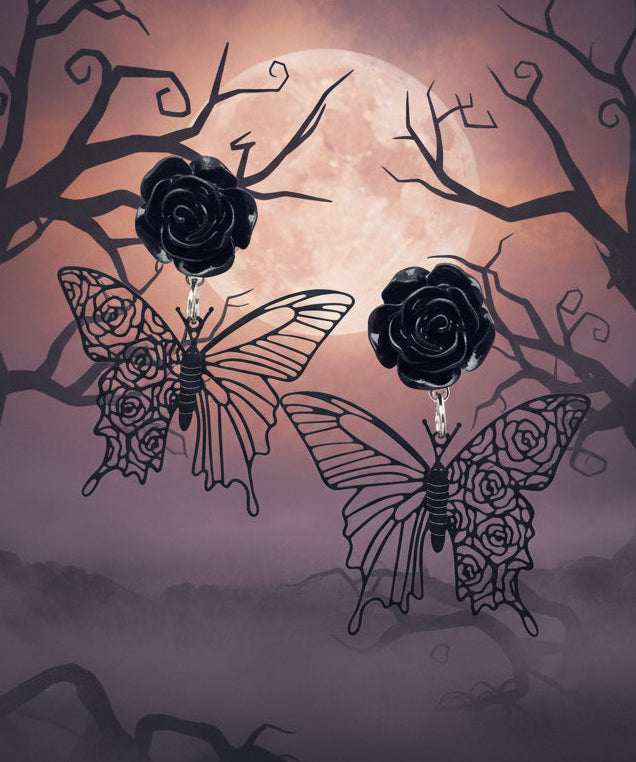 Amanda Bright Designs Gothic Black Rose Butterfly Clip Earrings