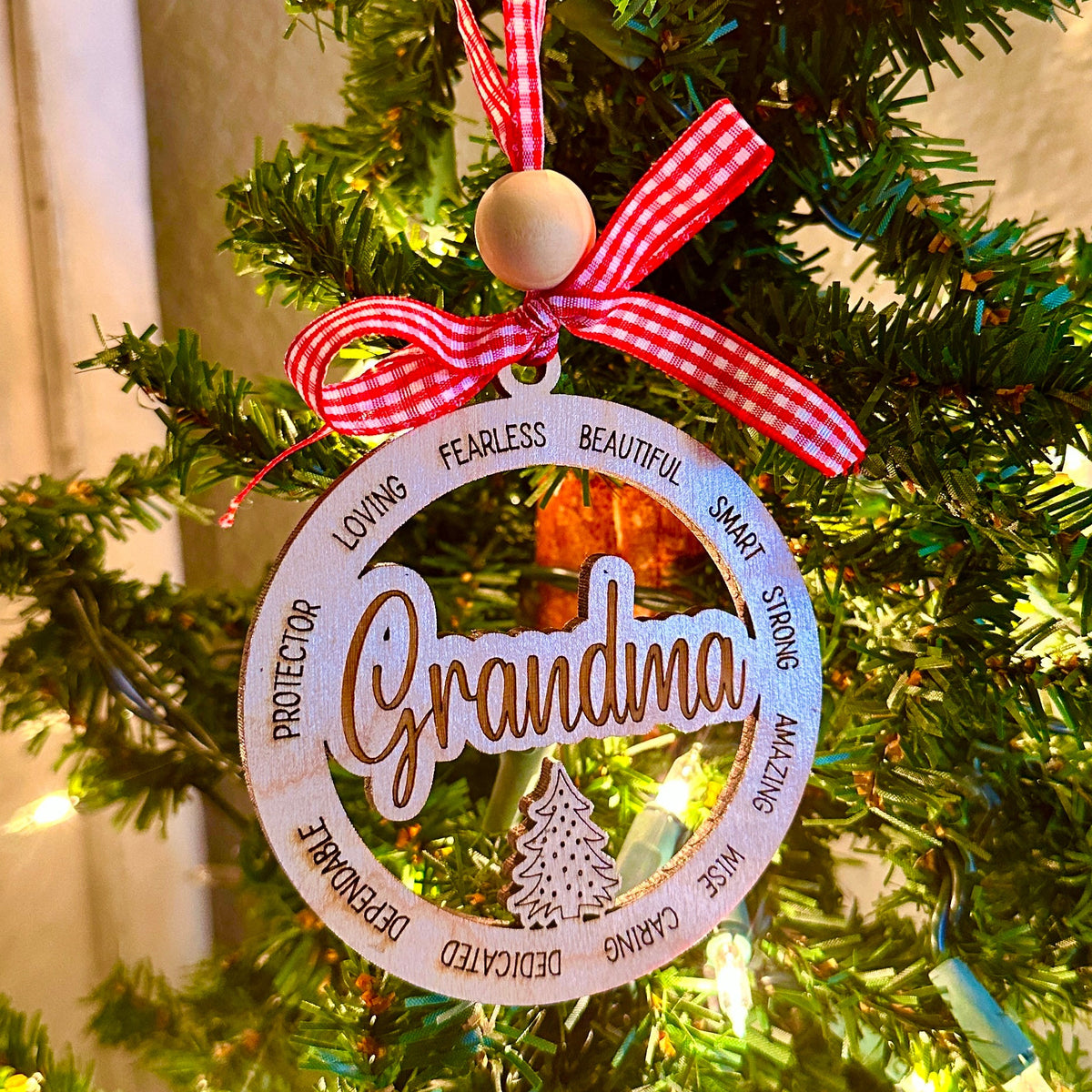 Christmas Cheer All Year Christmas ornament with &#39;Grandma&#39; on a decorated tree custom wood ornament