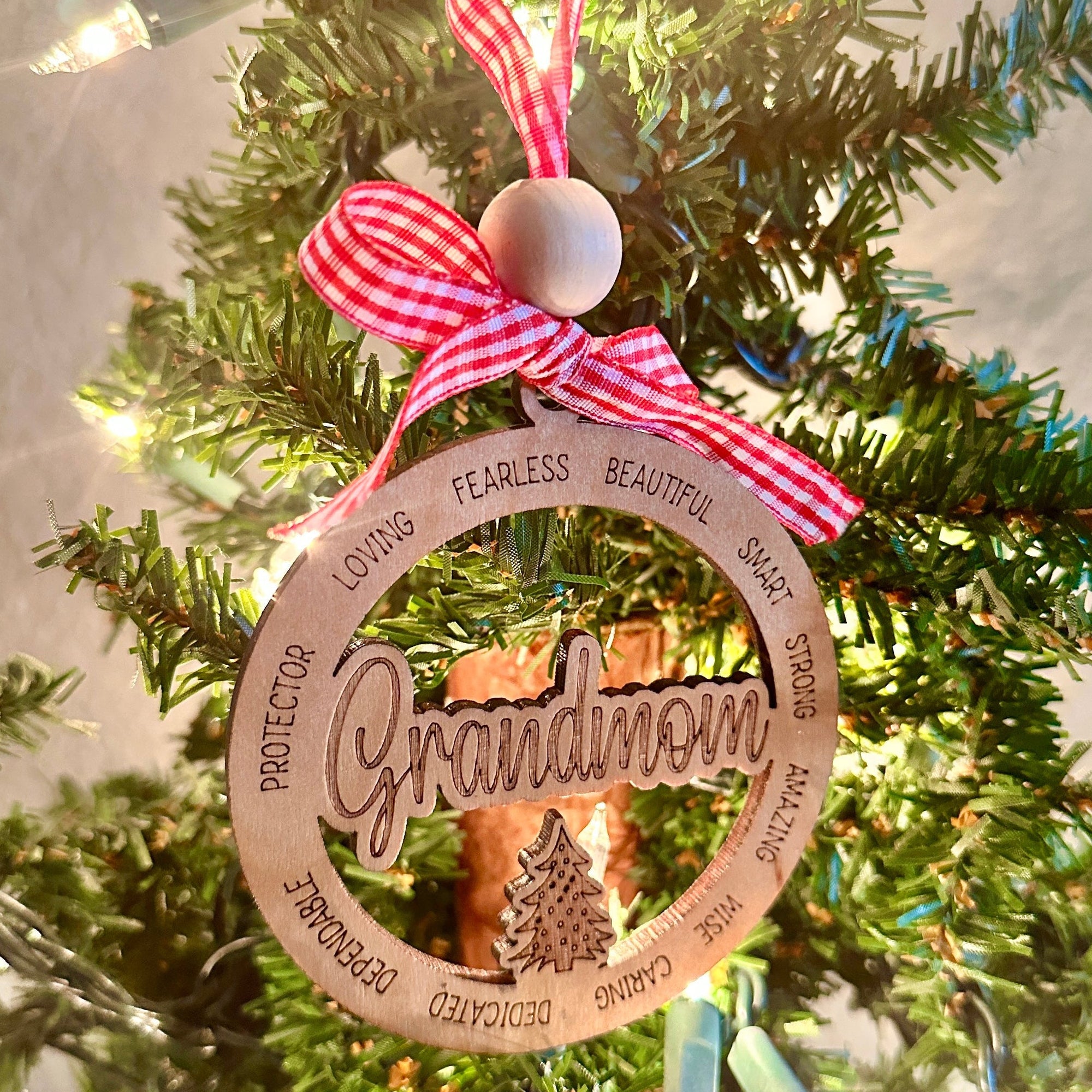 Christmas Cheer All Year Grandmom Custom Wood Ornament Protector Loving Fearless Beautiful Smart Red Gingham Box