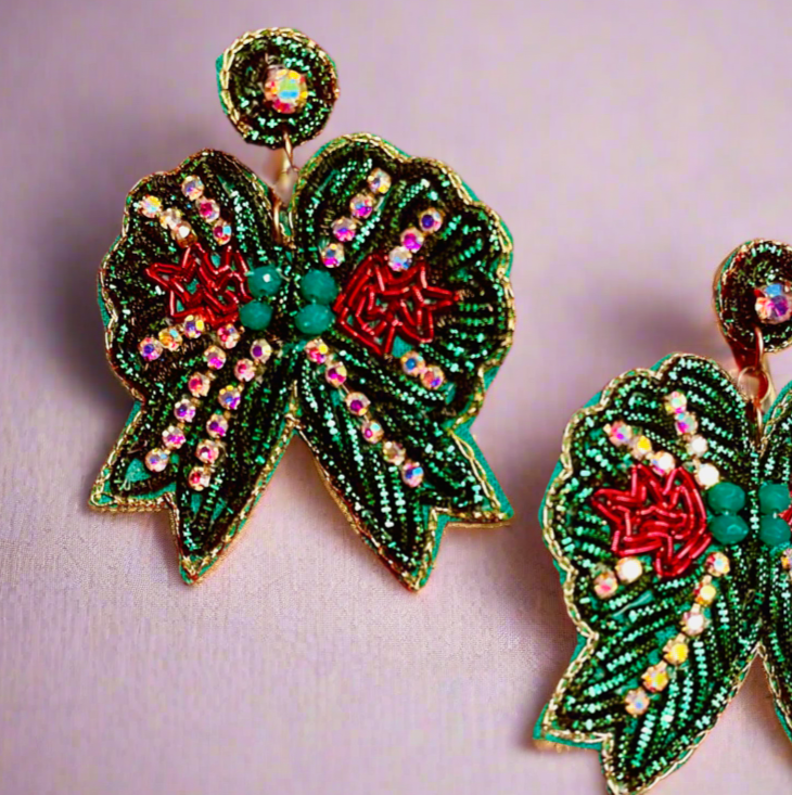 The Canton Christmas Shop Green Bow Beaded Rhinestone Earrings