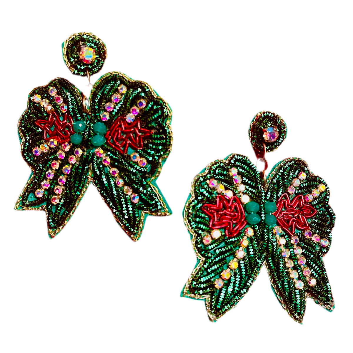 The Canton Christmas Shop Green Bow Beaded Rhinestone Earrings for holiday entertaining parties