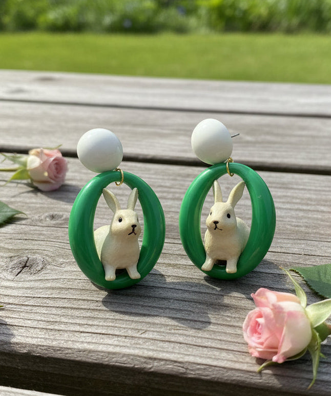 Amanda Bright Designs Green Oval with Rabbit Dangle Earrings for Garden Party Floral Headbands