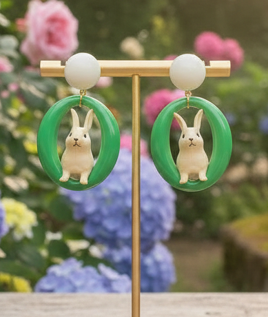 Amanda Bright Designs Green Oval with Rabbit Dangle Earrings for Garden Party Floral Headbands