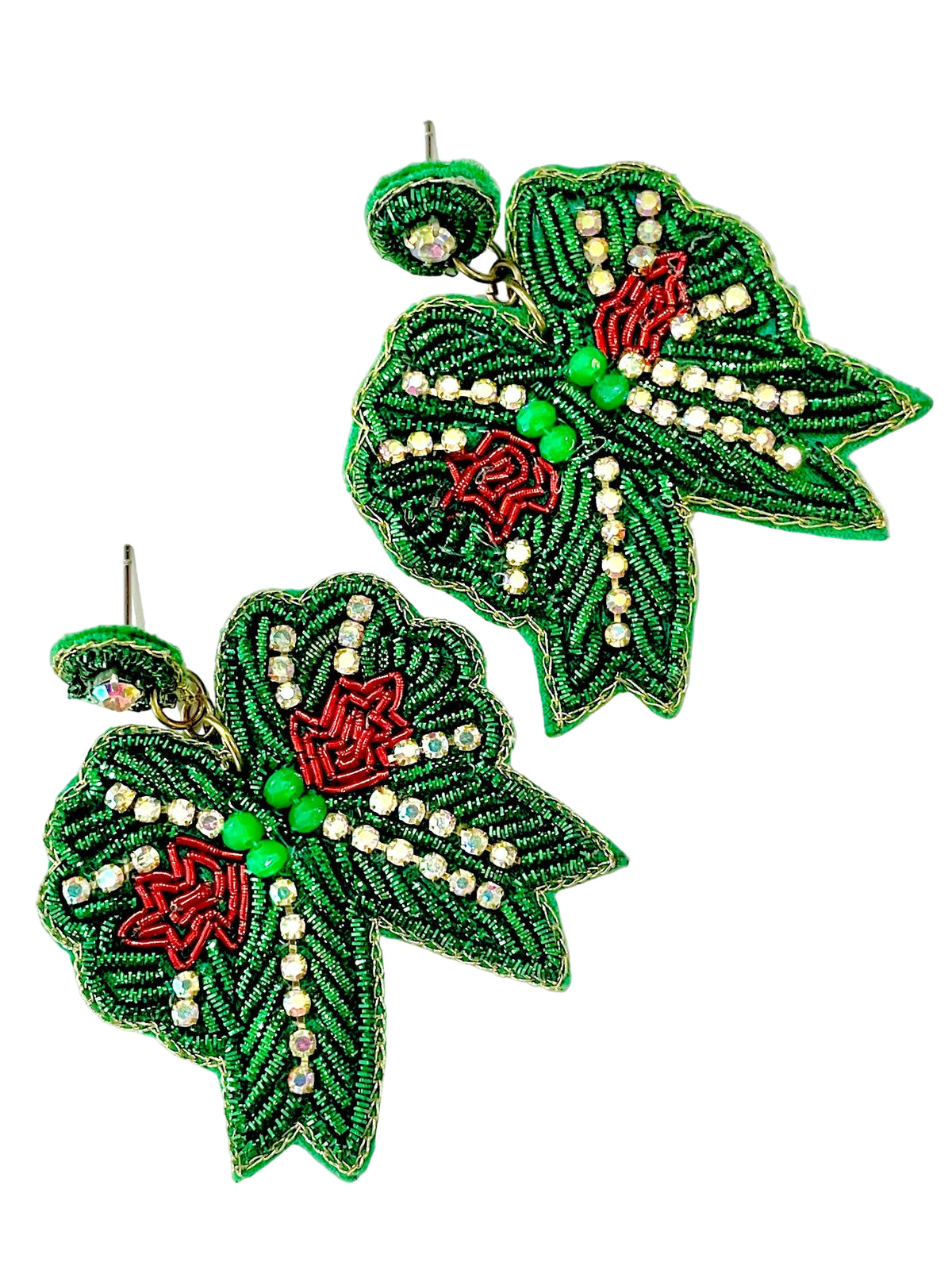 Christmas cheer all year, green and red bow rhinestone seed bead earrings for the holidays