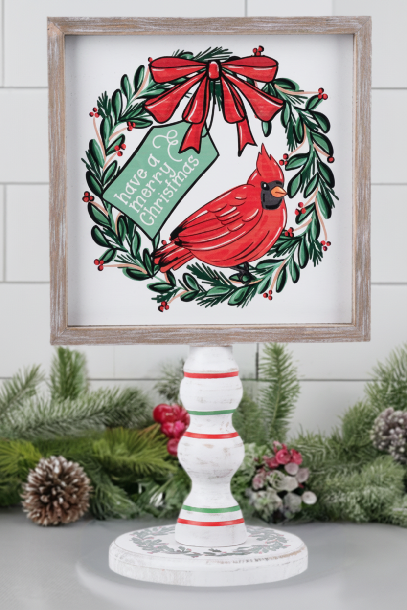 Christmas Cheer All Year Have A Merry Christmas Cardinal Red Bird Stand from Glory Haus with striped red and green base double sided
