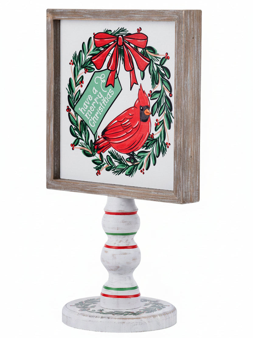 The Canton Christmas Shop Have A Merry Christmas Cardinal Red Bird Stand from Glory Haus with striped red and green base double sided