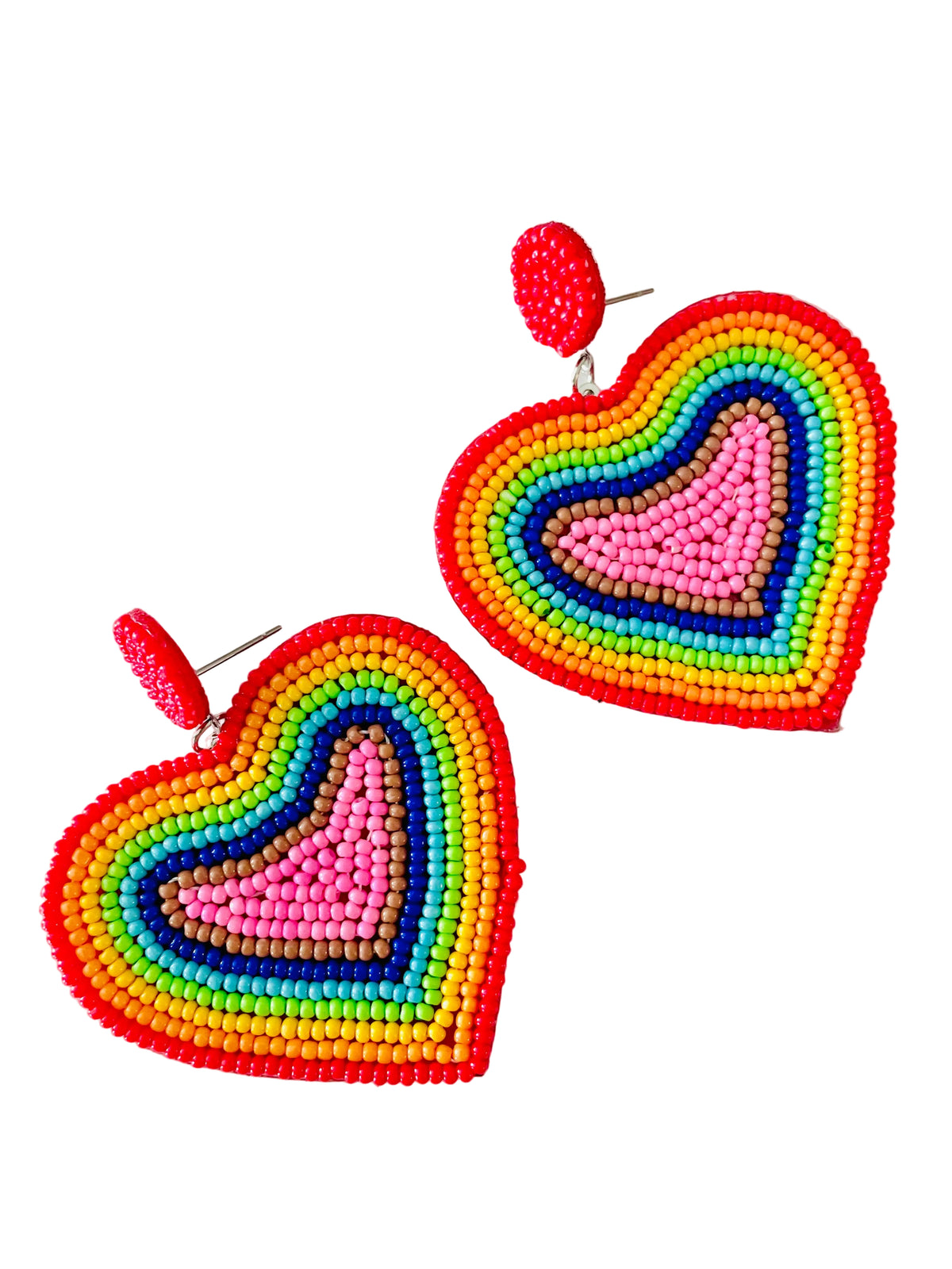 Christmas Cheer All Year pair of heart shaped rainbow seed bead earrings Wizard of Oz theme