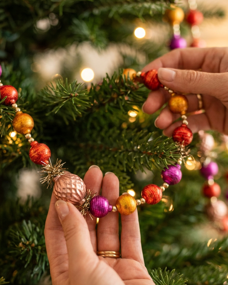 Christmas Cheer All Year Cody Foster Heirloom Ball Garland in purple gold pink orange with tinsel accents on christmas tree