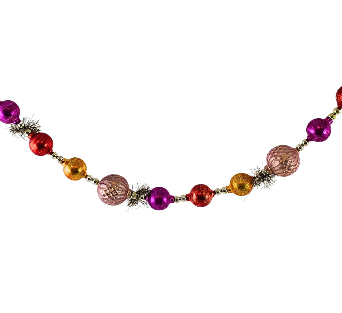 The Canton Christmas Shop Heirloom Ball Garland by Cody Foster Copper Gold Pink Red Glitter Tinsel Silver Beads hanging