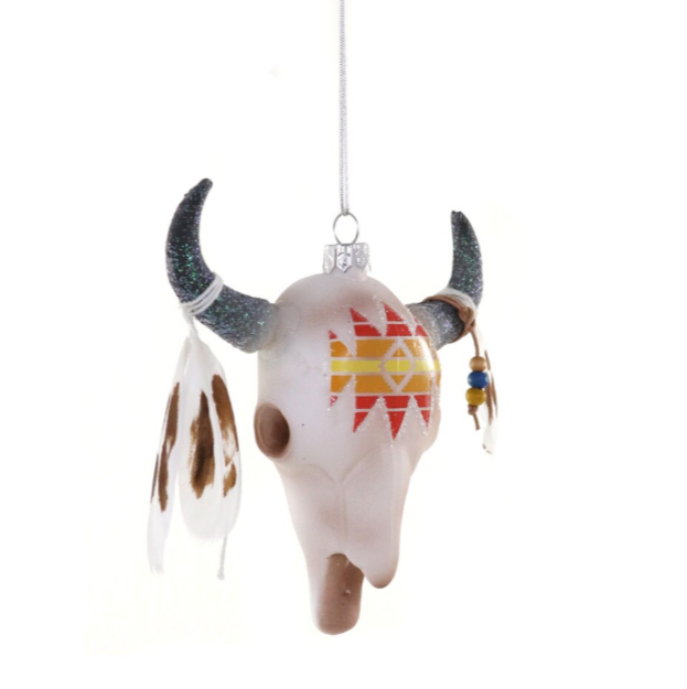 The Canton Christmas Shop Highlands Skull Ornament with Feathers by Cody Foster