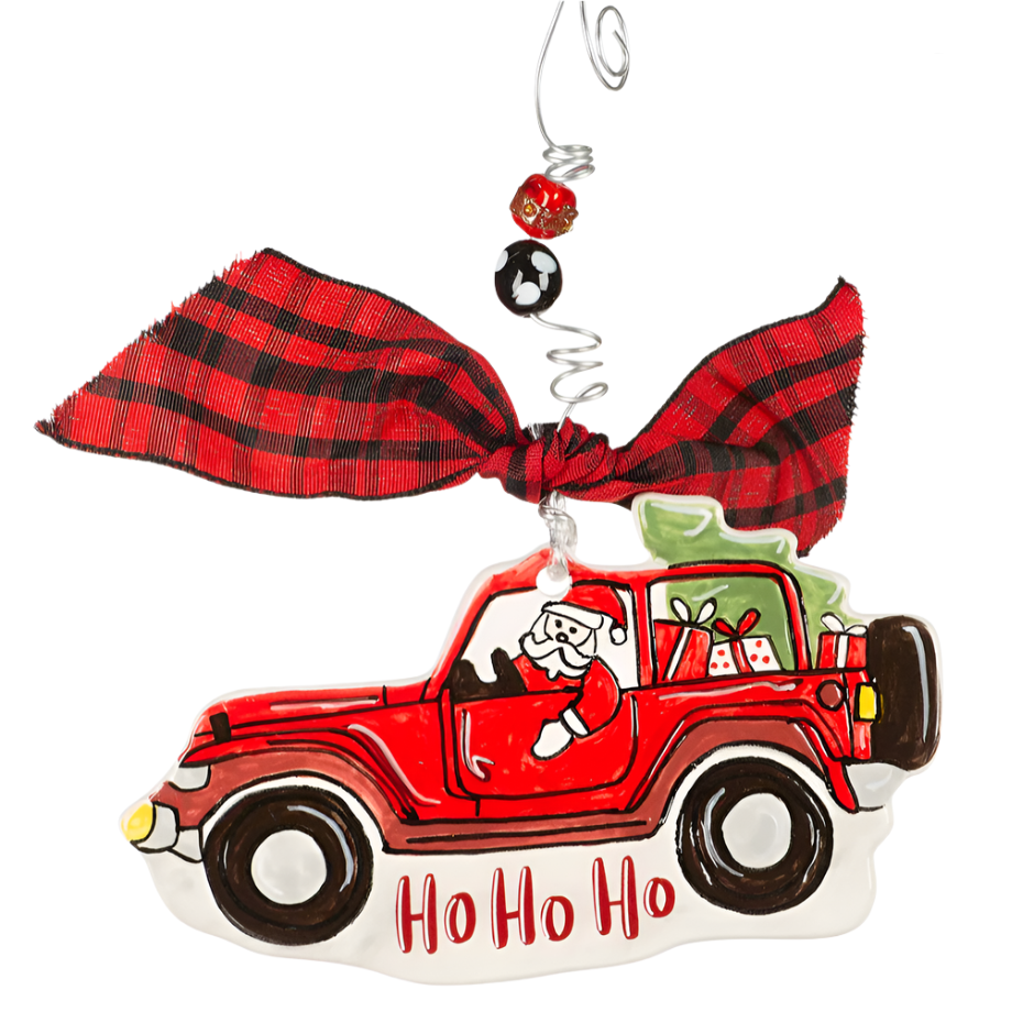The Canton Christmas Shop Ho Ho Ho Santa Red Jeep Flat Ornament