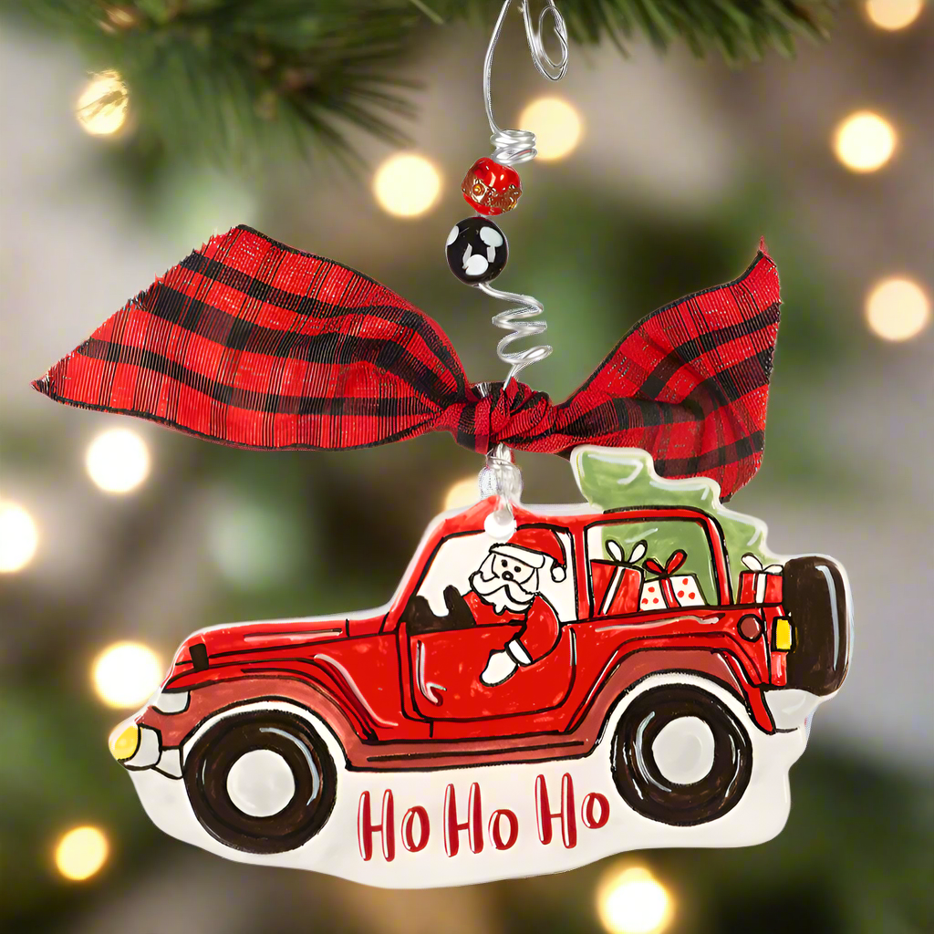 The Canton Christmas Shop Ho Ho Ho Santa Red Jeep Flat Ornament