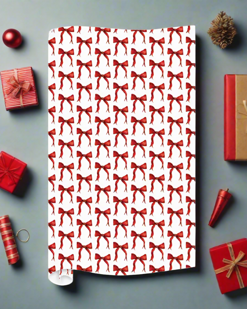 Christmas Cheer All Year Holiday Red Bow Wrapping Paper by Rosanne Beck