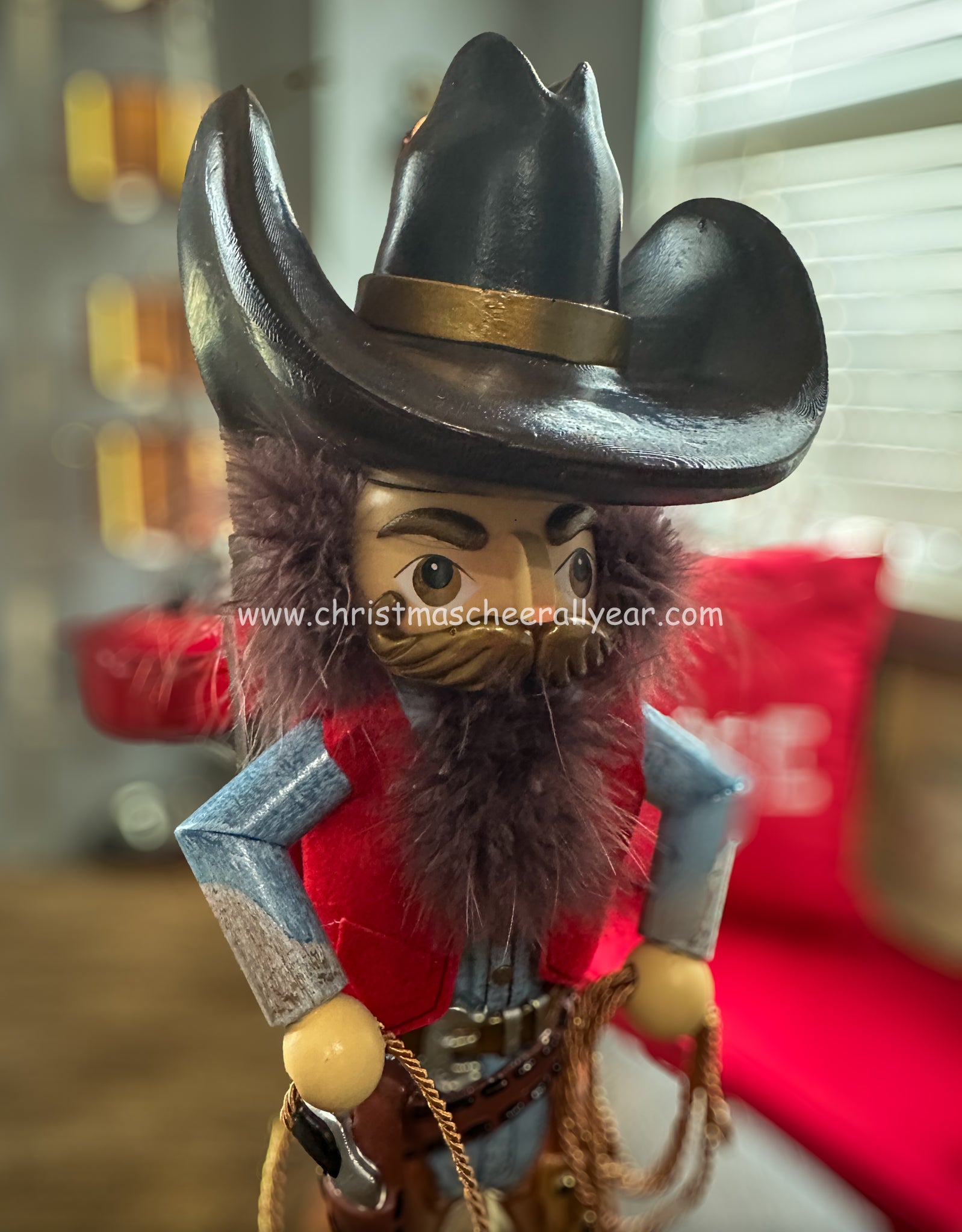 Detail of the cowboy hat on the cowboy nutcracker for sale at Christmas Cheer All Year