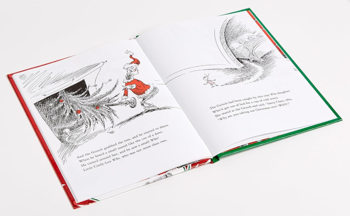 Book cover of 'How The Grinch Stole Christmas!' by Dr. Seuss with a red background and green accents Christmas Cheer All Year
