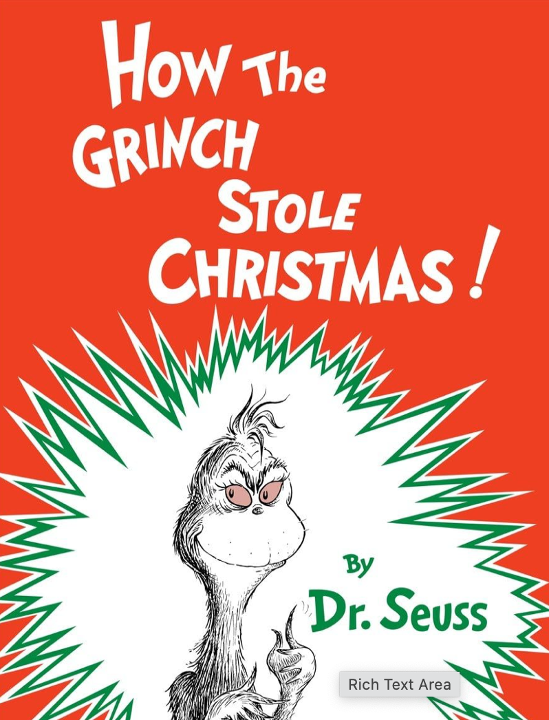 Book cover of 'How The Grinch Stole Christmas!' by Dr. Seuss with a red background and green accents Christmas Cheer All Year