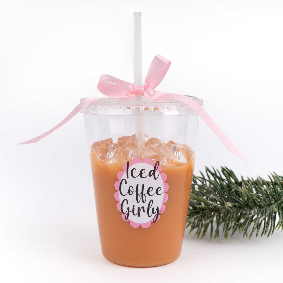 Christmas Cheer All Year Iced Coffee Latte Ornament Clear cup with iced coffee and a pink bow, featuring &#39;Iced Coffee Girly&#39; text.