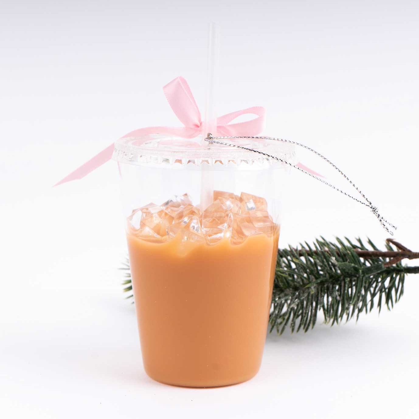 Christmas Cheer All Year Iced Coffee Latte Ornament with pink ribbon