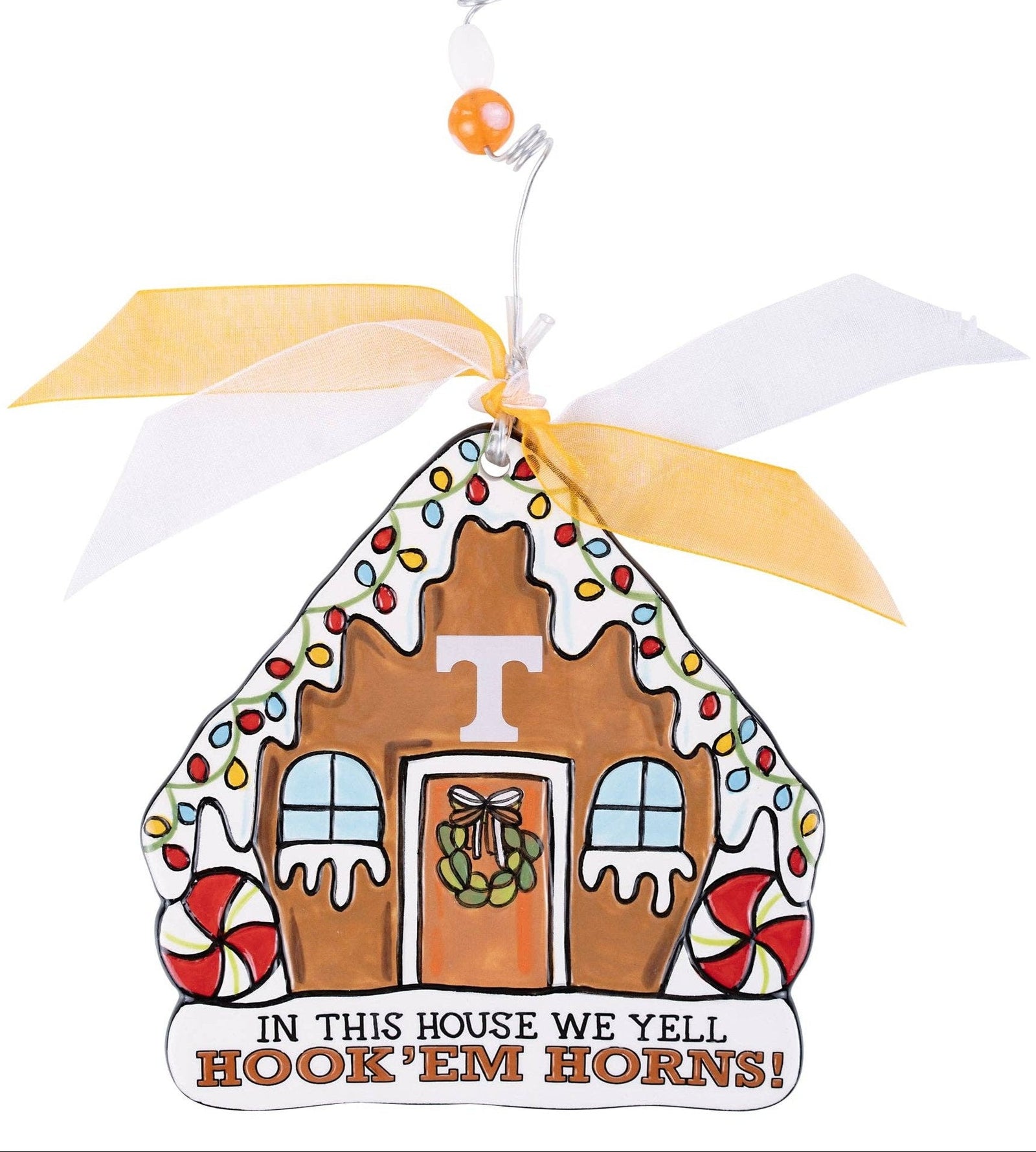 Christmas Cheer All Year University of Texas ceramic house christmas ornament In This House We Yell Hook 'Em Horns Flat Ornament by Glory Haus
