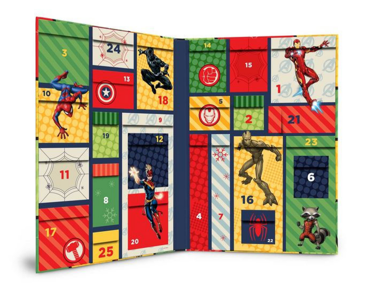 Marvel Advent Calendar with superhero characters on a colorful background Christmas Cheer All Year