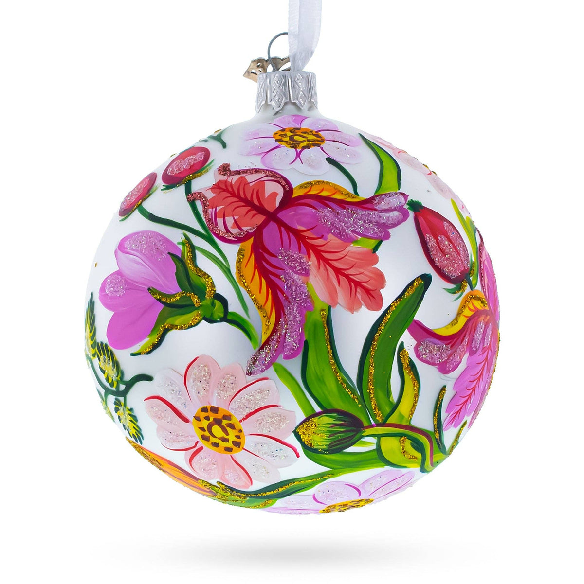 The Canton Christmas Shop Irises and Cosmeya Flowers Glass Ball Ornament Handpainted Ukraine Flowers Glittered Old World