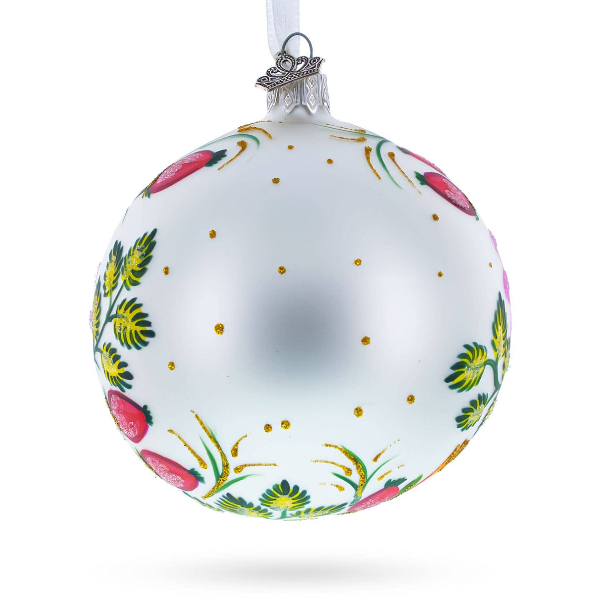 The Canton Christmas Shop Irises and Cosmeya Flowers Glass Ball Ornament Handpainted Ukraine Flowers Glittered Old World