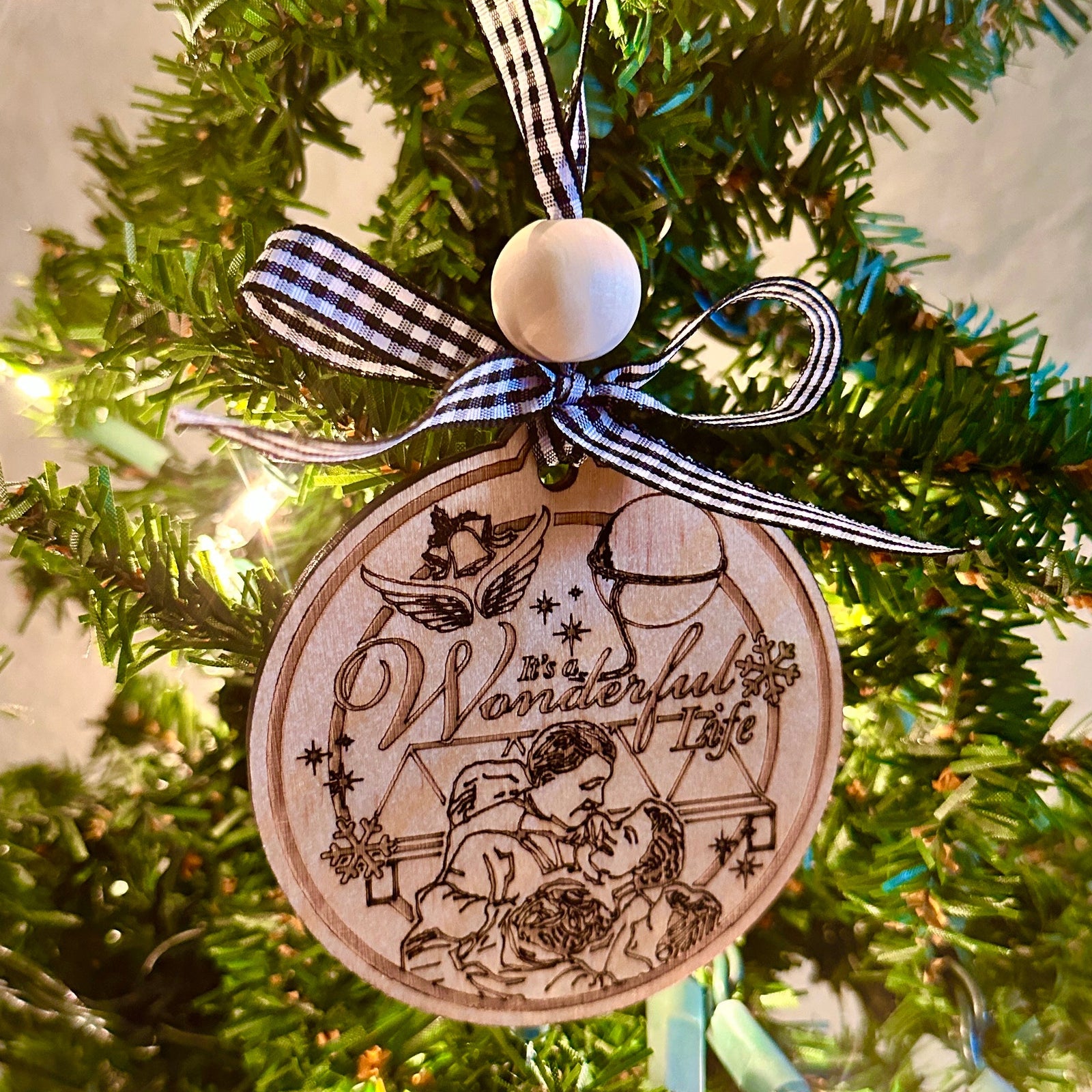 Christmas Cheer All year It's A wonderful Life custom made wood ornament angel wings Bailey family stars snowflakes George lassoes the moon