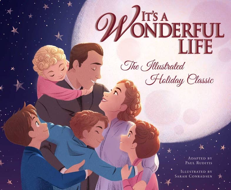 Book cover of 'It's a Wonderful Life' with characters and moon in the background Christmas Cheer All Year