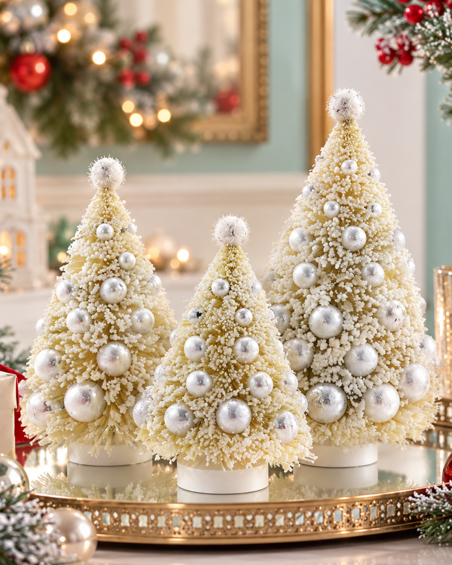 Christmas Cheer All Year Cody Foster and Company ivory bottlebrush vintage christmas trees