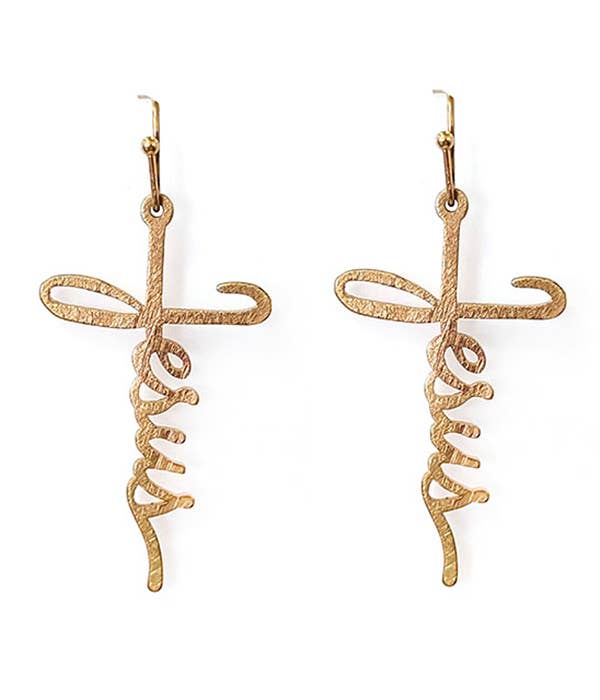Gold cross-shaped earrings with the name of Jesus written nativity Christmas Easter style