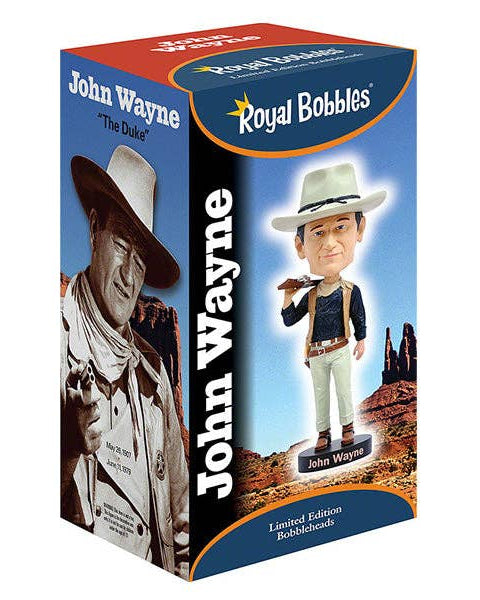 Box of John Wayne bobblehead figure by Royal Bobbles on a white background