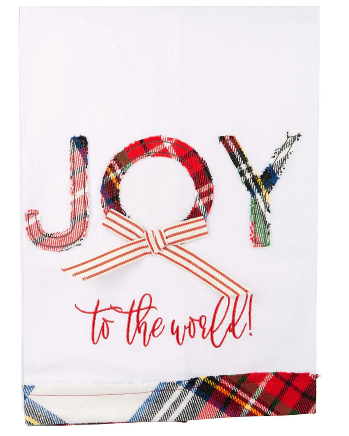 Christmas Cheer All Year joy to the world embroidered ticking ribbon plaid kitchen towel by Glory Haus