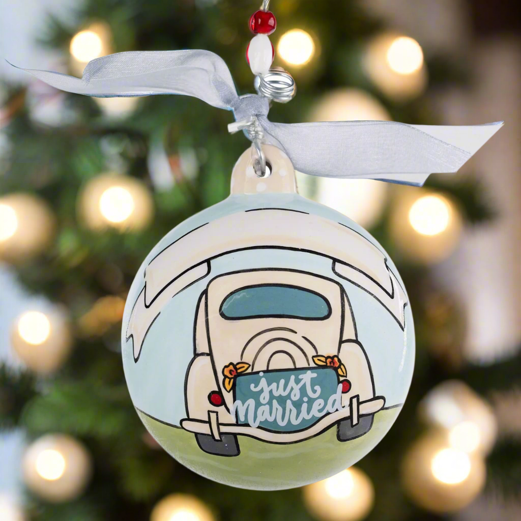 Christmas Cheer All Year Just Married Ball Ornament Handpainted by Glory Haus