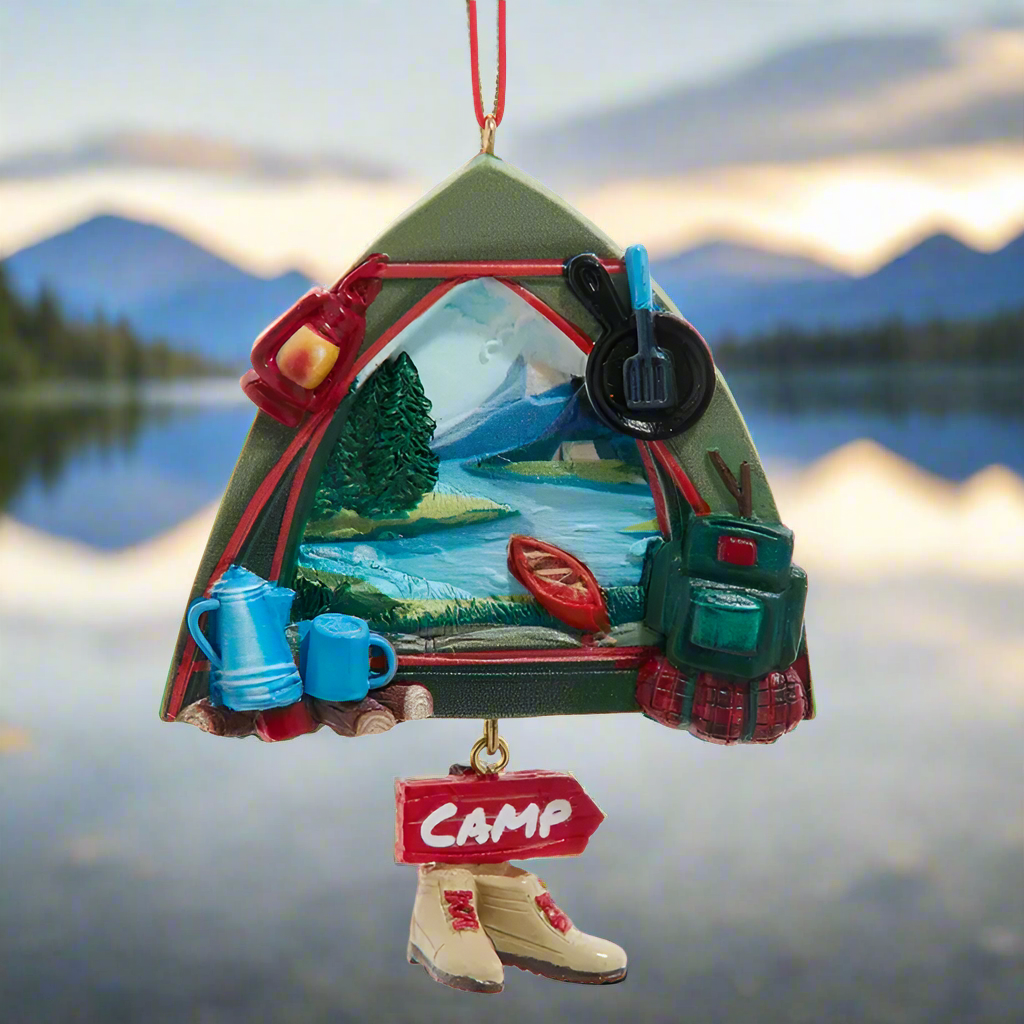 The Canton Christmas Shop Camping Ornament with Tent Campfire Coffee Hiking Backpack Frying Pan Lamp Hiking Boots Lake Canoe Mountains Nature