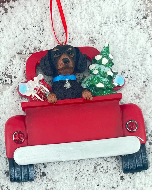 Christmas Cheer All Year Kurt Adler Dog in back of truck ornament red pickup dog breeds personalize