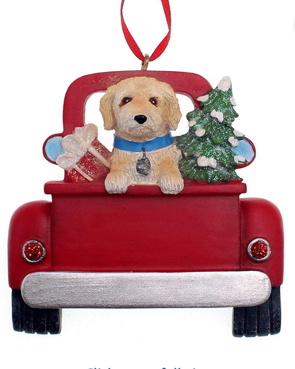 Christmas Cheer All Year Kurt Adler Resin Dog in Red Truck Christmas Ornament personalize