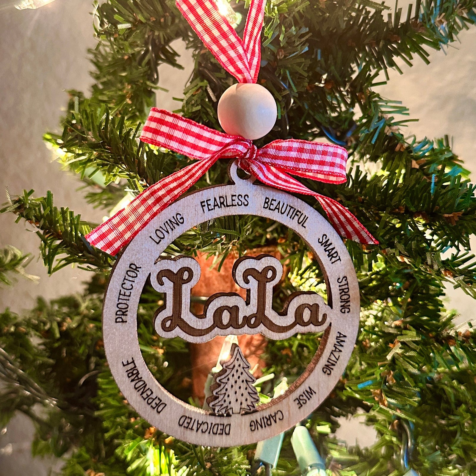Christmas Cheer All Year Grandmother Names LaLa custom made wood ornament with ribbon hanger and bead