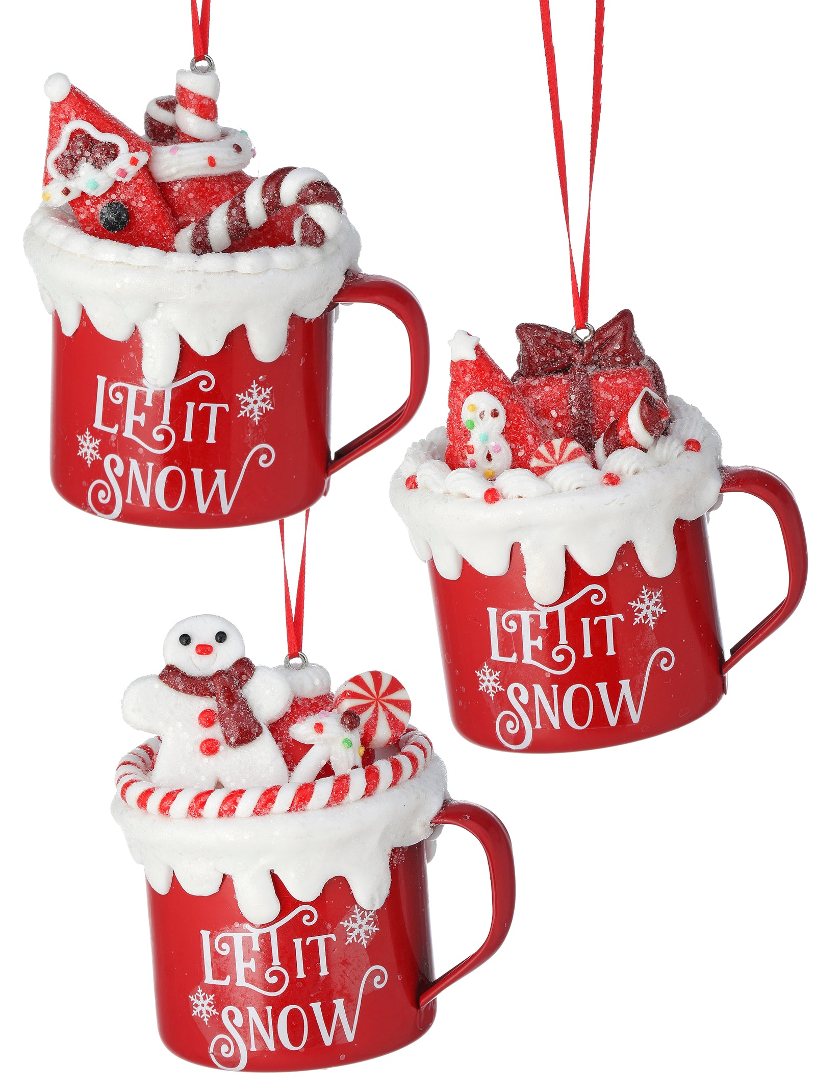 The Canton Christmas Shop Let It Snow Claydough Mug Ornament with frosting presents snowman candy cane