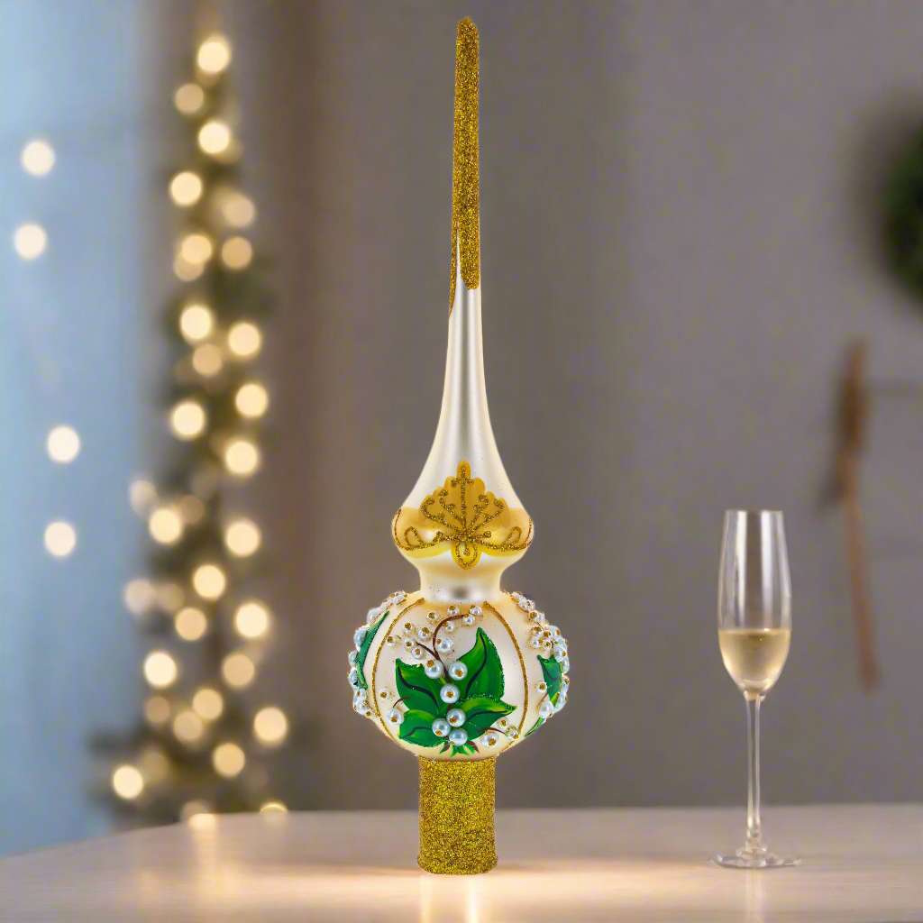 The Canton Christmas Shop Old World Europe Ukraine Lily of the Valley Gilded Champagne Hand Painted Mouth Blown Glass Tree Topper