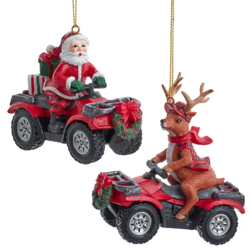 Christmas Cheer All Year Lodge Santa and Reindeer on ATV Resin Ornament Kurt Adler D4247