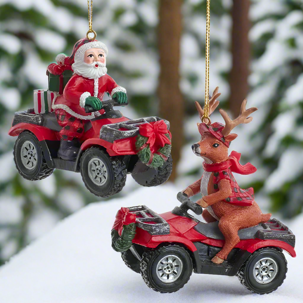 Christmas Cheer All Year Lodge Santa Reindeer on ATV Ornament Kurt Adler Snowy Woods Christmas Delivery