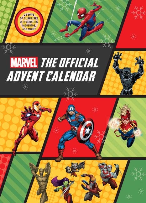 Marvel Advent Calendar with superhero characters on a colorful background Christmas Cheer All Year