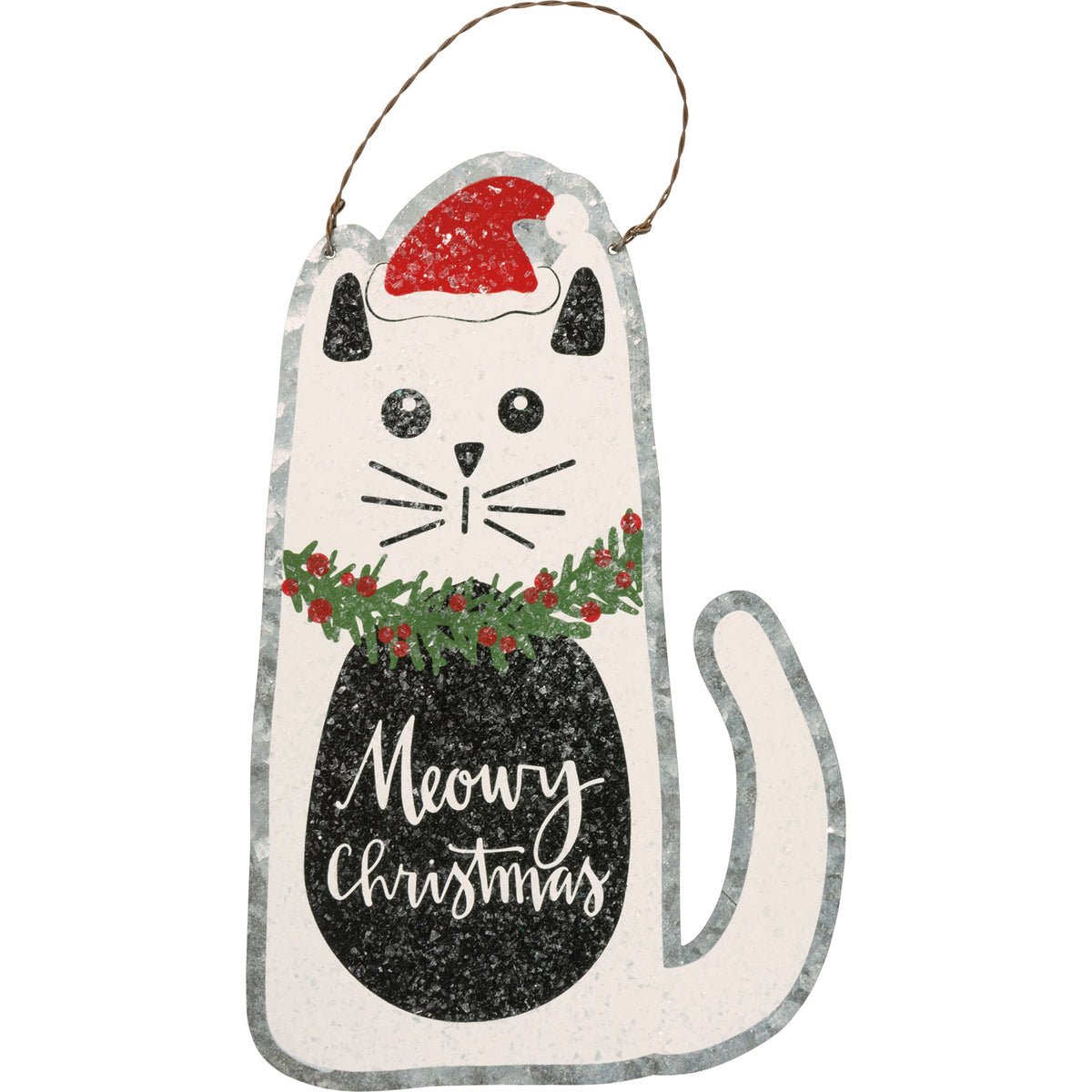 The Canton Christmas Shop Meowy Christmas Santa hat Wreath Wearing Cat Ornament with Glittery Snow made of metal