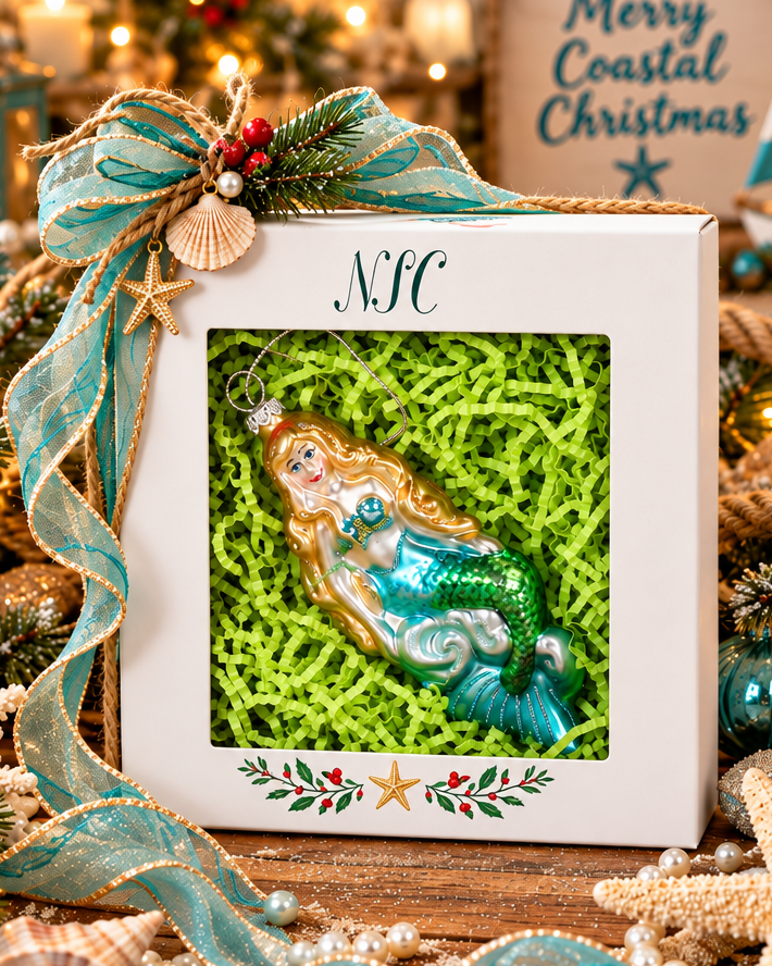 Christmas Cheer All Year glass mermaid in gift box ornament ocean sea themed holiday tree